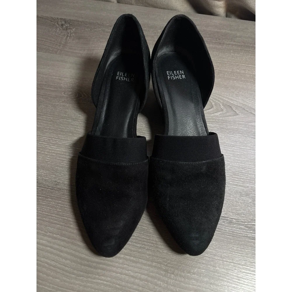 Eileen Fisher Womens 8 Black Suede d'Orsay Pointed Toe Wedge Pumps Career Office